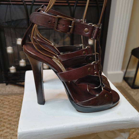 JIMMY CHOO "PRIZE" LEATHER GLADIATOR SANDAL, DK BROWN 37 IT - Picture 2 of 16